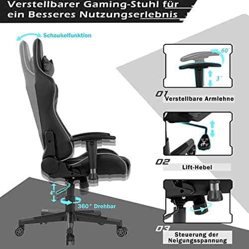COSTWAY Bürostuhl mit Lendenkissen & Kopfstütze, ergonomischer Gaming Stuhl,  Schreibtischstuhl mit verstellbaren Armlehnen, hoher Rückenlehne,  gepolsterter Computerstuhl (Grau)