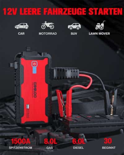 GOOLOO 1500A Starthilfe Powerbank mit LED Taschenlampe und Dual USB  Schnellladung. Supersafe IP65 und geeignet für Benzin- und Dieselmotoren  bis zu 8,0 l oder 6,0 l.