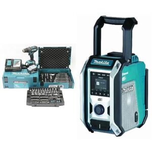 Makita DHP482JX13 Akku-Schlagbohrschrauber 18V / 3,0 Ah, 2 Akkus + Ladegerät im MAKPAC + 120-tlg. Zubehör-Set im MAKPAC Petrol/Schwarz & DMR115 Akku-Baustellenradio (ohne Akku, ohne Ladegerät)